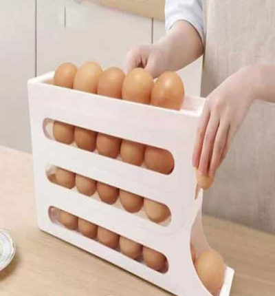 "Egg Dispenser – ফ্রিজে ডিম সাজানোর স্মার্ট রোলিং স্টোরেজ বক্স"