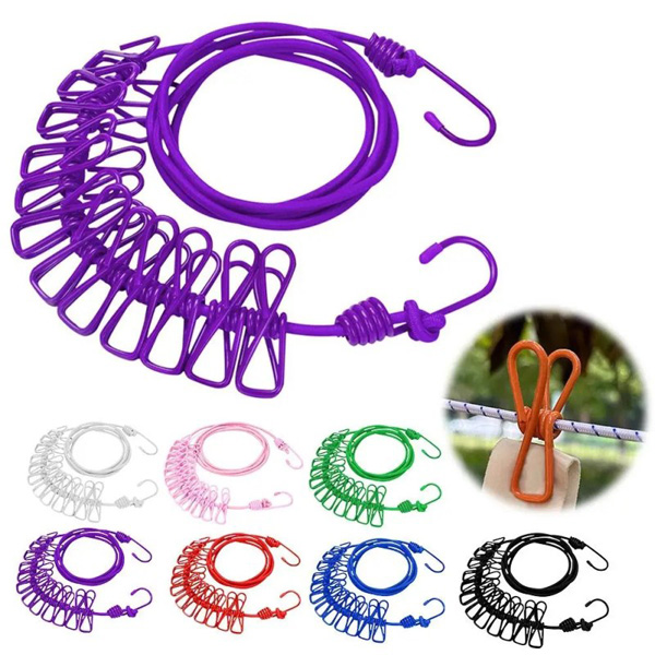 Portable Elastic Clothesline with 12 Clips for Clothes Drying